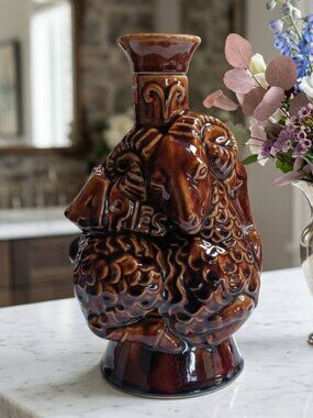 Vintage 1970 Rare Antique Zodiac Series Brown Ceramic Decanter - Libra & Aries